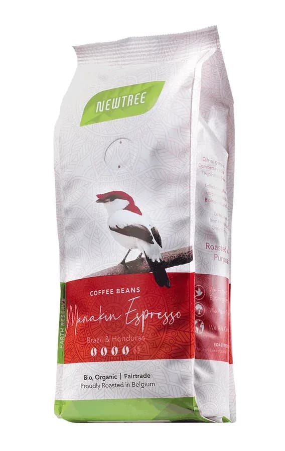 Sachet de café bio NewTree Manakin Espresso, présentant une illustration colorée d'un oiseau, étiqueté bio et équitable.